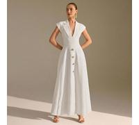 Robe maxi à col encoche avec boutons dorés devant, coupe ajustée qui allonge le corps, parfaite pour les célébrations spéciales, les fêtes ou les réunions formelles. Fabriquée dans un tissu 100% polye