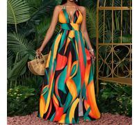 Robe maxi à encolure cache-cœur profonde, sans dos, froncée avec fente à la cuisse et imprimé botanique, pour femmes, en tenue de loisir de vacances L,M,S,XLTout ImpriméÉtoffe