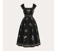 Robe maxi à imprimé floral élégant à manches évasées noire pour grandes tailles, basique, simple, romantique, pour usage quotidien, bureau, soirée, festival de musique, thé de l'après-midi 0XL,1XL,2XL