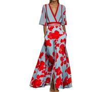 Robe Maxi à imprimé Floral pour Femmes, élégante, col en v, ceinturée, Robes de Plage de Cocktail de Bal de Mariage d'été (Red01,TTG)