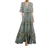 Robe Maxi à imprimé Floral pour Femmes, élégante, col en v, ceinturée, Robes de Plage de Cocktail de Bal de Mariage d'été (Gris 01,TTG)