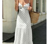 Robe maxi à imprimé pois, robe maxi style décontracté français à bretelles spaghetti, robe maxi imprimée sexy pour vacances dans une île de villégiature, robe maxi évasée à la taille avec décoration d