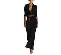 Robe maxi à manches longues et bouton à revers en daim synthétique avec ceinture sexy et élégante avec col en V et ceinture, Noir , 3XL