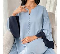 Robe maxi arabe à manches évasées et col en V contrastant pour femmes, robe élégante à manches longues et couvrance intégrale pour un style modeste, convenant aux occasions quotidiennes, aux vacances,