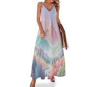 Robe Maxi D'Été Pour Femme Bohème Robe De Vacances Montagnes Forêts Rêve Sans Manches Robes De Bretelles Spaghetti Party Plage Esthétique Du Paysage Sundress Longue Décontractée Grande Taille, Rose