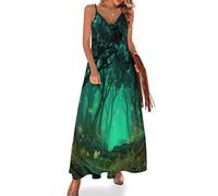 Robe Maxi D'été pour Femme Forêt Nocturne Onirique Robe de Vacances Sans Manches Col V Forêt De Contes De Fées Avec Des Lucioles Robes Longue Fluide à Bretelles Épaghetti Robes de Plage Décontractée