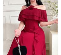 Robe maxi élégante à épaules dénudées avec décor floral 3D et volants à l'ourlet pour femmes, couleur unie L,M,S,XL,XS,XXL,XXS,XXXL,XXXXLUnicoloreMousseline