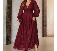 Robe maxi élégante en jacquard français à col V froncé, robe de mariée bohème pour invités, robe maxi à manches longues pour femmes, robe maxi bordeaux longue bohème, robes pour femmes pour le vignobl