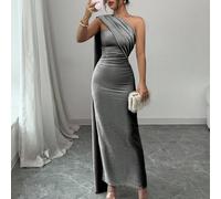 Robe maxi élégante et confortable pour soirée, de nouvelle mode apricot style Europe&Amérique, légère, sexy avec épaules asymétriques, taille froncée, fente au dos, en maille brillante et extensible L
