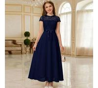 Robe maxi élégante et luxueuse à ligne A en patchwork transparent avec broderie soluble dans l'eau de couleur bleu marine pour adolescentes. Convient pour demoiselle d'honneur, bal de fin d'études, so