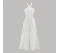 Robe maxi élégante et luxueuse en mousseline de soie blanche à broderie soluble dans l'eau et à empiècements pour filles préadolescentes. Convient pour demoiselle d'honneur, bal de fin d'études, soiré