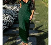 Robe maxi élégante et romantique en satin à imprimé pois de la marque Yuwenier, avec un empiècement en dentelle, bretelles fines, dos ouvert. Convient pour la Saint-Valentin, les festivals de musique,