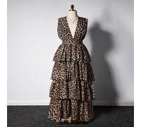 Robe maxi élégante et sexy sans manches à volants avec imprimé léopard pour femmes grandes tailles. Robe d'été légère, texturée, raffinée, idéale pour les fêtes, les banquets, les stars, les reines. U
