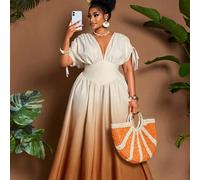 Robe maxi élégante ombré avec lien noué, col en V et dos nu pour femmes grande taille. Design polyvalent pour les fêtes et événements. Nouvelles arrivages 2025 5XL,6XL,7XL,8XLUnicoloreTissu tissé