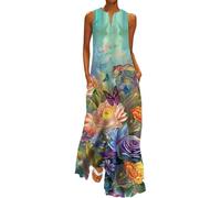 Robe maxi élégante pour femme - Grande taille - Décontractée - Robe de plage longue d'été - Robe de bal festive - Col en V - Sans manches - Robe de cocktail bohème - Imprimé floral - Longueur cheville