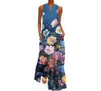 Robe maxi élégante pour femme - Grande taille - Décontractée - Robe de plage longue d'été - Robe de bal festive - Col en V - Sans manches - Robe de cocktail bohème - Imprimé floral - Longueur cheville