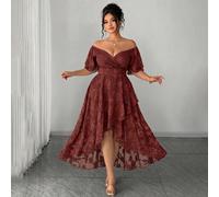 Robe maxi élégante pour femmes grandes tailles, printemps/été, col superposé, manches courtes à volants multicouches, tissu jacquard texturé bleu clair, épaules dénudées, portée des deux côtés, style 