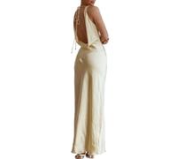 Robe Maxi en Satin à col bénitier sans Manches Dos Nu pour invitées de Mariage en Soie Dos Nu à Nouer dans Le Dos, Robes Formelles pour Femmes 2024, Jaune, Taille XL