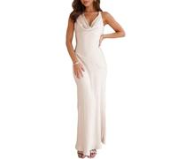 Robe Maxi en Satin à col bénitier sans Manches Dos Nu pour invitées de Mariage en Soie Dos Nu à Nouer dans Le Dos, Robes Formelles pour Femmes 2024, Champagne, Taille XS