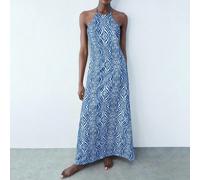 Robe maxi femme à imprimé géométrique numérique avec col en V et nœud sur le devant. Tenue polyvalente pour le printemps/été, pour une soirée en ville. Design affinant la taille. Robe d'été bohème sty