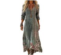 Robe Maxi Femme Bohème Chic Col V Manches Longues Imprimé Géométrique Inspiration Ethnique Style Kaftan Grande Taille Ample Robe de Plage Vintage Automne Printemps Élégante Tunique Soirée Cocktail