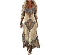 Robe Maxi Femme Bohème Chic Col V Manches Longues Imprimé Géométrique Inspiration Ethnique Style Kaftan Grande Taille Ample Robe de Plage Vintage Automne Printemps Élégante Tunique Soirée Cocktail