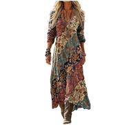 Robe Maxi Femme Bohème Chic Col V Manches Longues Imprimé Géométrique Inspiration Ethnique Style Kaftan Grande Taille Ample Robe de Plage Vintage Automne Printemps Élégante Tunique Soirée Cocktail