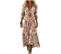 Robe Maxi Femme Bohème Chic Col V Manches Longues Imprimé Géométrique Inspiration Ethnique Style Kaftan Grande Taille Ample Robe de Plage Vintage Automne Printemps Élégante Tunique Soirée Cocktail