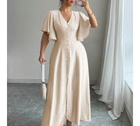 Robe maxi femme grande taille printemps/été, style français élégant, décontracté, vacances, thé de l'après-midi, bohème, col V, bouton décoratif, coupe évasée, manches évasées. Robe vintage beige habi