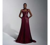 Robe maxi fluide élégante et luxueuse en vin rouge avec fils dorés et argentés brillants, faite main avec des plis décoratifs. Avec bretelles spaghetti, col carré, nœud torsadé. Robe de soirée formell