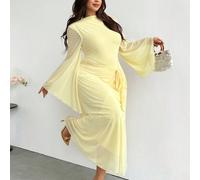 Robe maxi grande taille à manches longues style cache-cœur avec queue de poisson, manches évasées, tissu extensible et froncé - Robe jaune romantique 0XL,1XL,2XL,3XL,4XL,5XLUnicoloreTissu tricoté