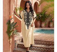 Robe maxi imprimée kaki pour femmes avec col en V et manches chauve-souris, tunique modeste semi-transparente élégante L,M,S,XL,XS,XXL,XXS,XXXL,XXXXLGéométrique,Tribal,PlantesTissu tissé