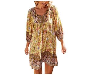 Robe maxi pour femme 2026 - Robe d'été ample - Imprimé complexe - Style bohème - Couleur unie, jaune, L