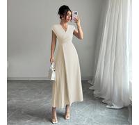 Robe maxi pour femmes, élégante et simple, pour le bureau, les affaires, les loisirs, les après-midi thé. Col V, taille marquée, volants à l'ourlet, plis sur le côté droit, épaules tombantes. Couleur 