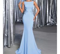 Robe maxi sirène élégante avec encolure bateau en tricot et broderie florale 3D, découpe à la taille. Parfaite pour un rendez-vous, une soirée entre amis, une remise de diplôme, un mariage, une occasi