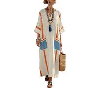 Robe maxi surdimensionnée rayée à col en V pour femme - Manches 1/2 - Coupe ample décontractée avec poches - Cache-maillot de plage style baggy, 01- Orange, S