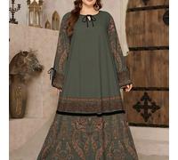 Robe maxi verte à imprimé numérique de fleurs de cajou, de grenade et de clématite pour grandes tailles. Robe ample, élégante et fluide de style arabe avec col en V et manches longues nouées, pour le 
