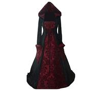 Robe médiévale à capuche pour femme Imprimé rétro Art Manches longues Cravate Taille gothique Robes pour femmes Corset, rouge, M