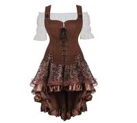 Robe Médiévale Chemise Pirate Veste 3 Set Femme Viking Vintage Gothique Victorien Retro Victoria Adulte Déguisement Halloween Brun S