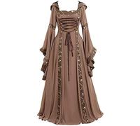Robe medievale Femme avec Capuche Retro Robe Renaissance Grande Taille Manches Trompette Maxi Costume Moyen Age Ceinture Cravate Palais Deguisement Adulte de Cocktail pour Halloween