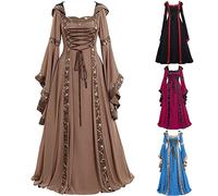 Robe medievale Femme avec Capuche retro Robe Renaissance Grande Taille Manches Trompette Maxi Costume Moyen Age Ceinture Cravate Palais Deguisement Adulte halloween Carnaval de fete (Khaki, S)