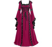 Robe medievale Femme avec Capuche Retro Robe Renaissance Grande Taille Manches Trompette Maxi Costume Moyen Age Ceinture Cravate Palais Deguisement Adulte de Cocktail pour Halloween (Red, M)