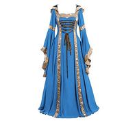Robe medievale Femme avec Capuche Retro Robe Renaissance Grande Taille Manches Trompette Maxi Costume Moyen Age Ceinture Cravate Palais Deguisement Adulte de Cocktail pour Halloween (Blue, M)
