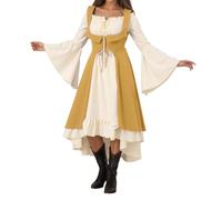 Robe Médiévale Femme, Corset Noir et BBlanc Manches Cloches Design Asymétrique pour Fêtes Médiévales et Halloween Style RENAISSANCE (Yellow, S)