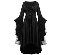Robe Medievale Femme Dentelle Grande Taille Gothique Robe Halloween pour Femme Pirate Sorciere Chic Et Elegant Adulte Costume Halloween Victorienne Vampire Sexy Deguisement(Noir,S)