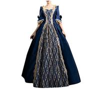 Robe MéDiéVale Femme Halloween Costume Victorienne Reine Moyen Age Robe De Palais RéTro Dentelle à Manches Trompettes Costume Grande Taille FêTe Carnaval Victorien (a-Navy, S)
