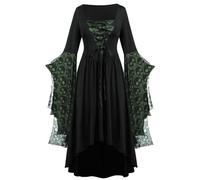Robe Medievale Femme Manches Trompettes Sorcière Steampunk Robe Noir Automne Chauve Souris Pirate Deguisement Halloween Femme Rétro Jupe Hiver Vintage Nouvelle 2025 Vert XXL