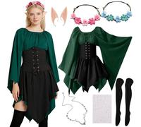 Robe Medievale Femme Robes Traditionnelle Irlandaise Oreilles d'Elfe Bandeau Fleurs Chaîne de Tête Lune Victorienne Robe Carnaval Venise Femme Renaissance Costume Elfe Halloween Deguisement Adulte XL