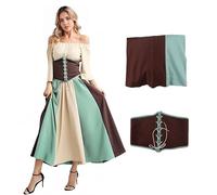 Robe médiévale pour femme avec ceinture corset de pirate, robe victorienne de la Renaissance, robe de déguisement pour Halloween, bande dessinée, fête à thème (blanc + vert, taille S)