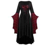 Robe médiévale pour femme - Vampire - Robe de Renaissance pour femme - Manches chauve-souris - Robe de sorcière irrégulière avec lacets - Sexy à volants - Costume d'Halloween - Costume de carnaval